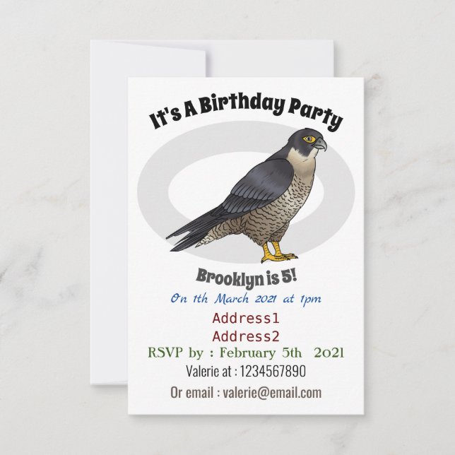 Peregrine falcon bird cartoon illustration invitation (Front)