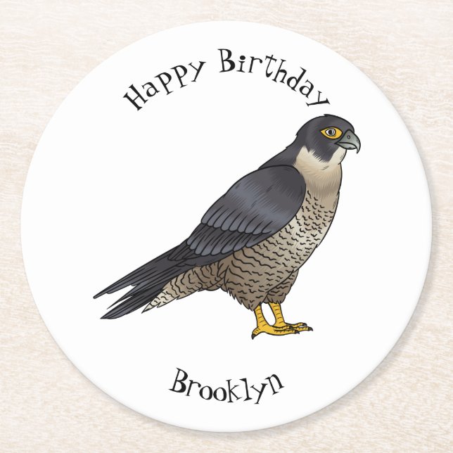 Peregrine falcon bird cartoon illustration round paper coaster (Front)