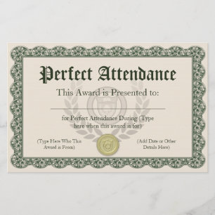 Perfect Attendance Award Certificate, Customisable