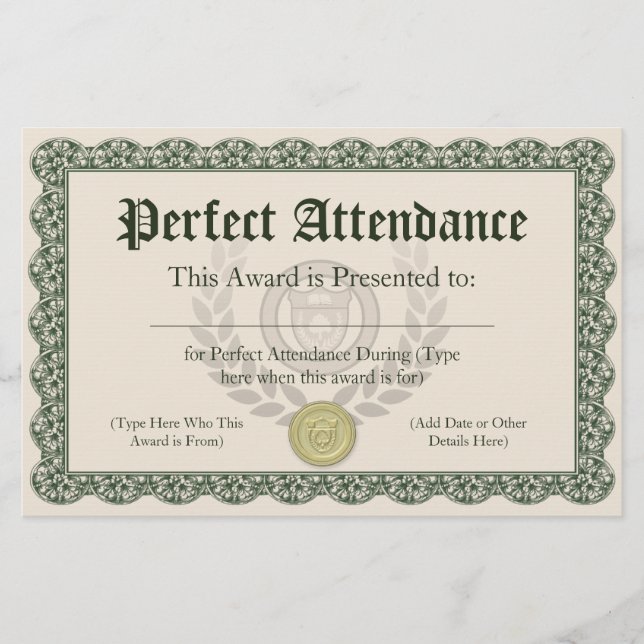 Perfect Attendance Award Certificate, Customisable (Front)