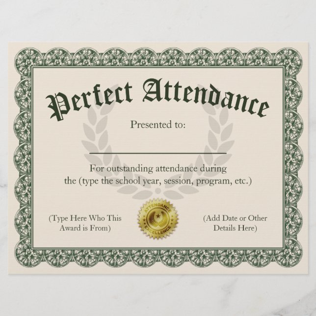 Perfect Attendance Certificate Customisable 8.5x11 (Front)