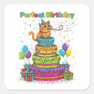 Perfect Birthday Cute Cartoon Cat on Rainbow Cake  Square Sticker