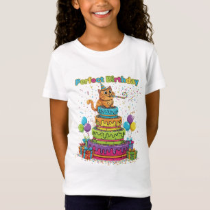 Perfect Birthday Cute Cartoon Cat on Rainbow Cake  T-Shirt