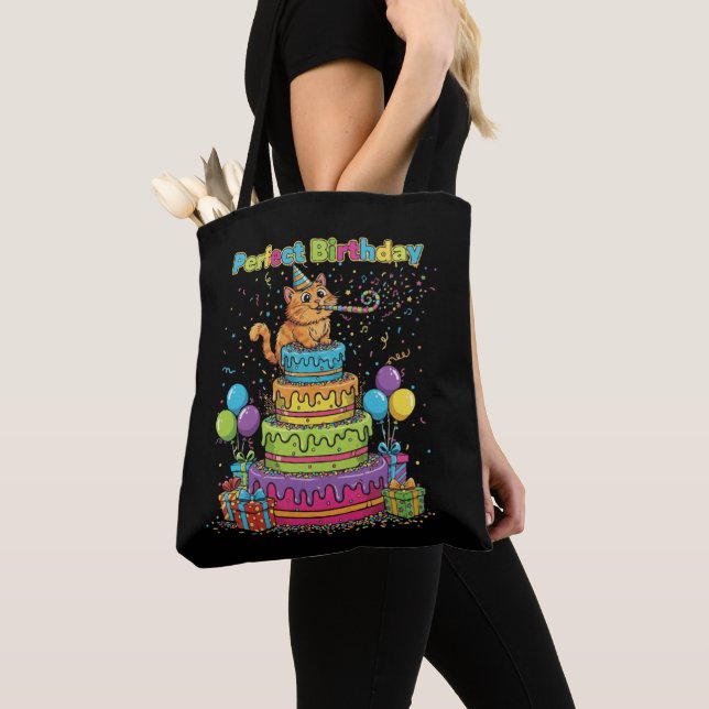 Perfect Birthday Cute Cartoon Cat on Rainbow Cake  Tote Bag (Close Up)