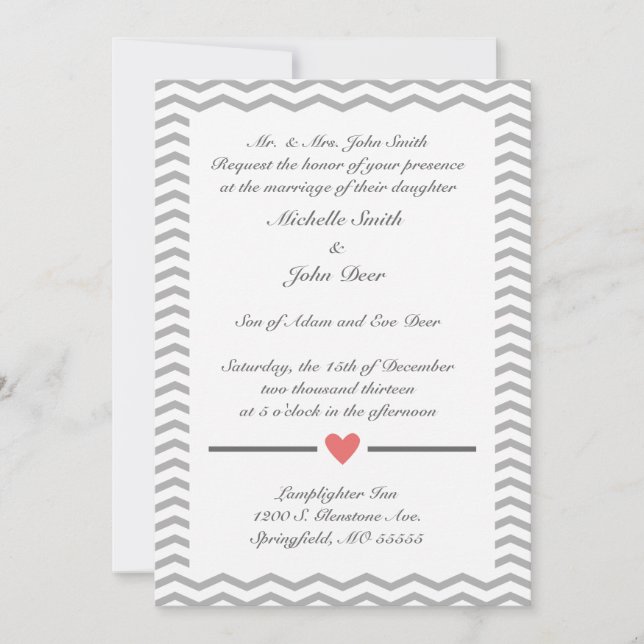 Perfect Chevron Wedding Invitation in Coral & Grey (Front)