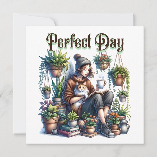 Perfect Day | Girl Reading with Cat and Plants (Front)