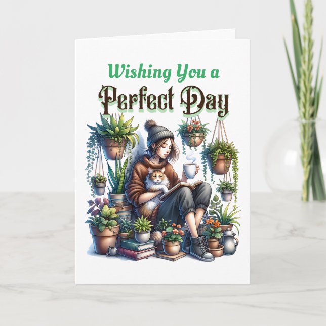 Perfect Day | Girl Reading with Cat and Plants Card (Front)
