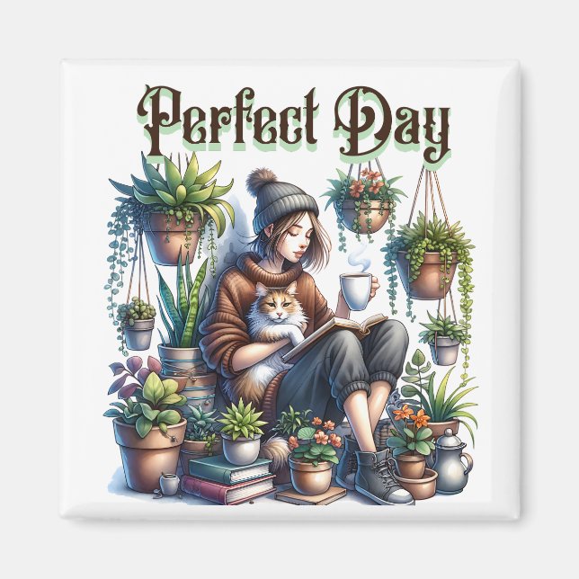 Perfect Day | Girl Reading with Cat and Plants Magnet (Front)