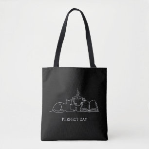 Perfect Day Minimalist Cat Book & Coffee Line Art Tote Bag
