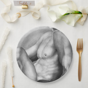 Perfect Man Chest & Torso Fine Art Charcoal Sketch Paper Plate