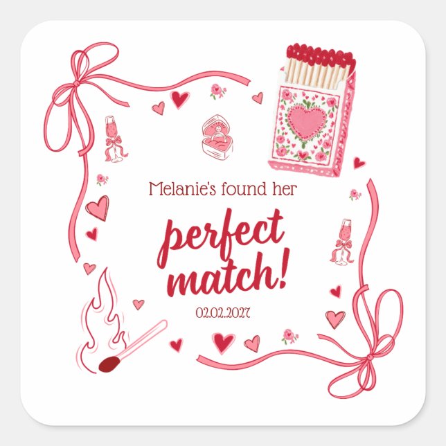 Perfect Match Coquette Bridal Shower Personalized Square Sticker (Front)