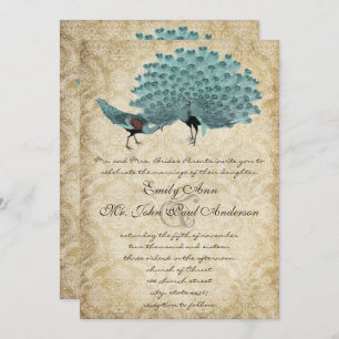Perfect Pair Aqua Aged Damask Peacock Elegance Invitation