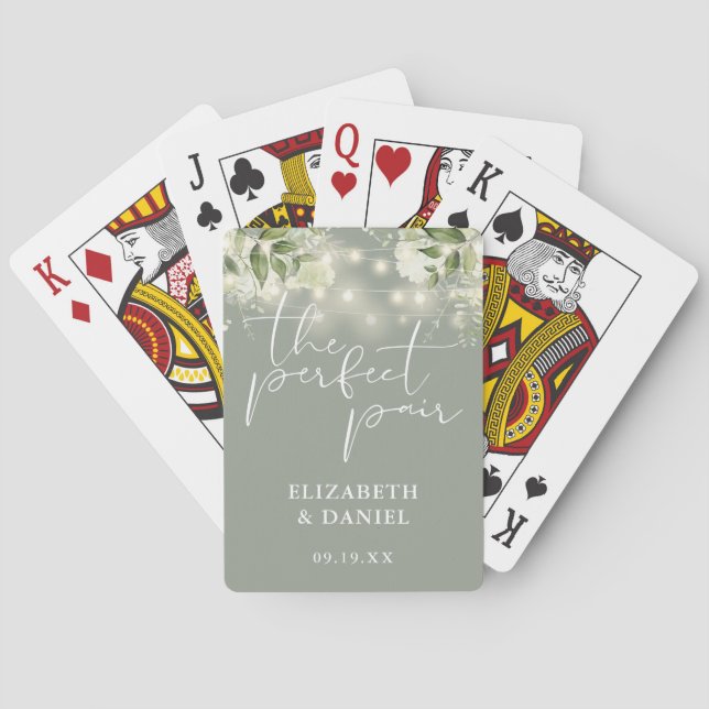 Perfect Pair Greenery Lights Sage Green Wedding Playing Cards (Back)