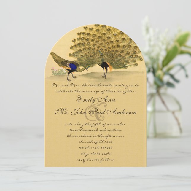 Perfect Pair Peacock Yellow Elegance Invitation (Standing Front)