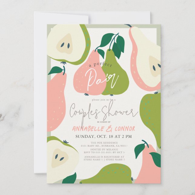 Perfect Pair Pink & Green Pear Couples Shower Invitation (Front)