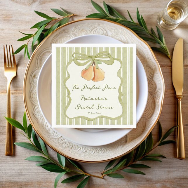 Perfect pair sage green stripe pear bridal shower napkin (Perfect pair sage green retro stripes pear bridal shower monogrammed napkins preppy wavy ribbon)