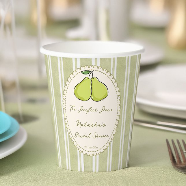 Perfect pair sage green stripe pear bridal shower paper cups (Perfect pair sage green stripes pear bridal shower personalized paper cups retro grand millennial )