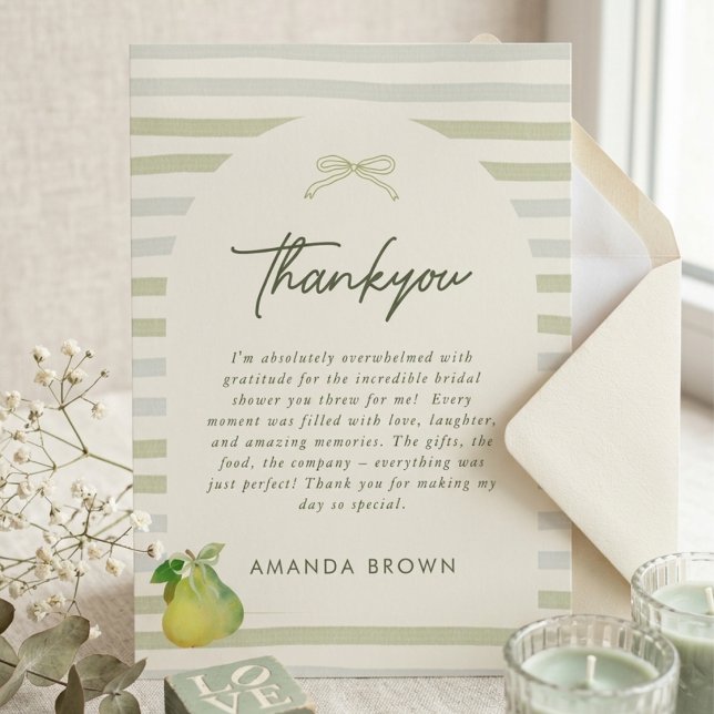 Perfect Pair Sage Green Stripes Bow Bridal Shower Invitation (Creator Uploaded)