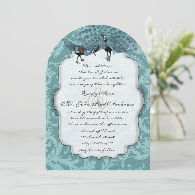 Perfect Pair Sea Blue Damask Peacock Elegance Invitation (Standing Front)