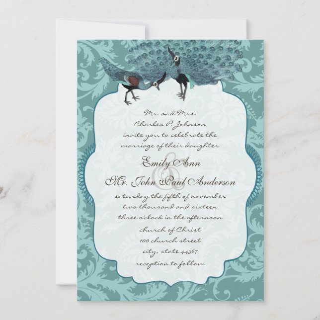 Perfect Pair Sea Blue Damask Peacock Elegance Invitation (Front)