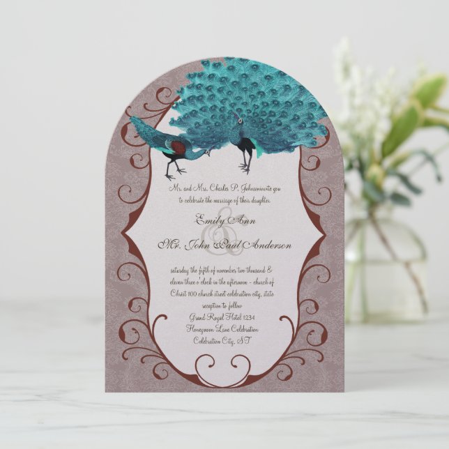 Perfect Pair Teal & Mink Damask Peacock Invitation (Standing Front)