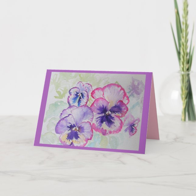 Perfect Pink Pansies Watercolor Greetings Card (Front)