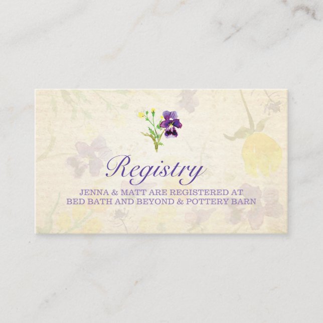 Perfect Purple Pansies Wedding Registry Card (Front)