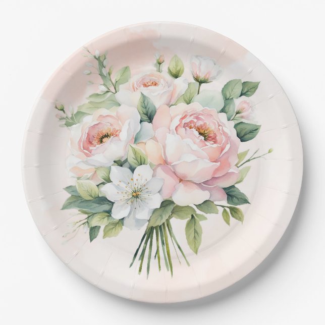 Perfectly Pink Watercolor Peony Floral Wedding Paper Plate (Front)