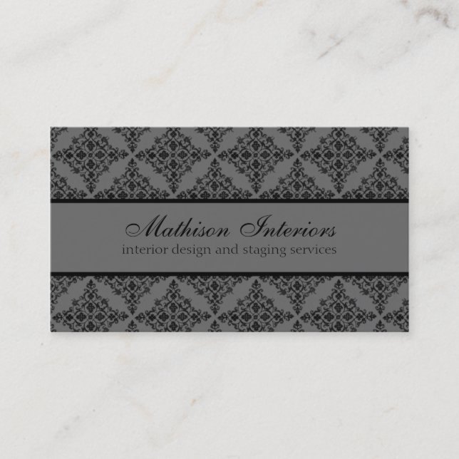 Perfectly Polished Damask Business Card, Grey Card (Front)