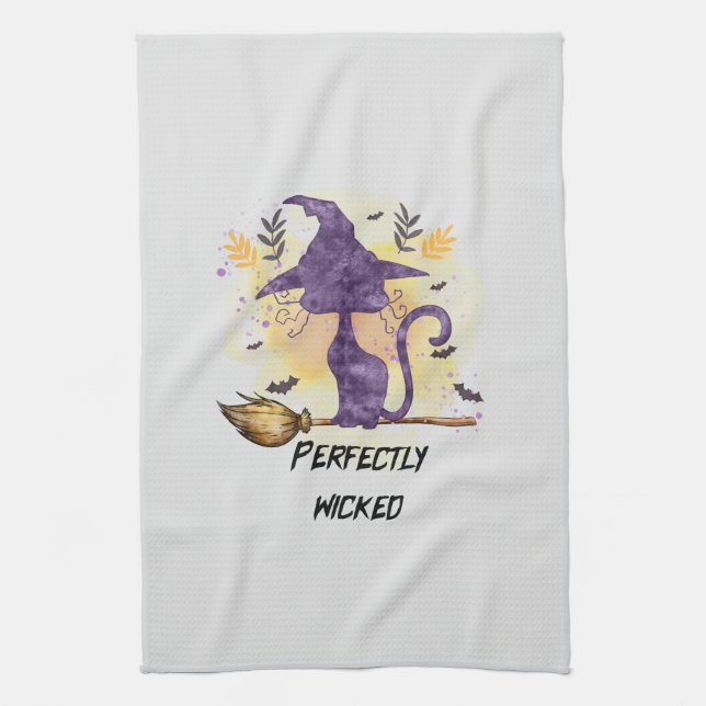 Perfectly Wicked – Purple Witch Cat Silhouette Tea Towel (Vertical)