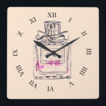 Perfume bottle fashion illustration pop art square wall clock<br><div class="desc">A fashion stylish illustration clock from an original artwork by artist Sacha Grossel of a pink perfume vintage perfume bottle. This watercolour illustration of a luxury brand perfume is in pop art style and the background colour is customisable.</div>
