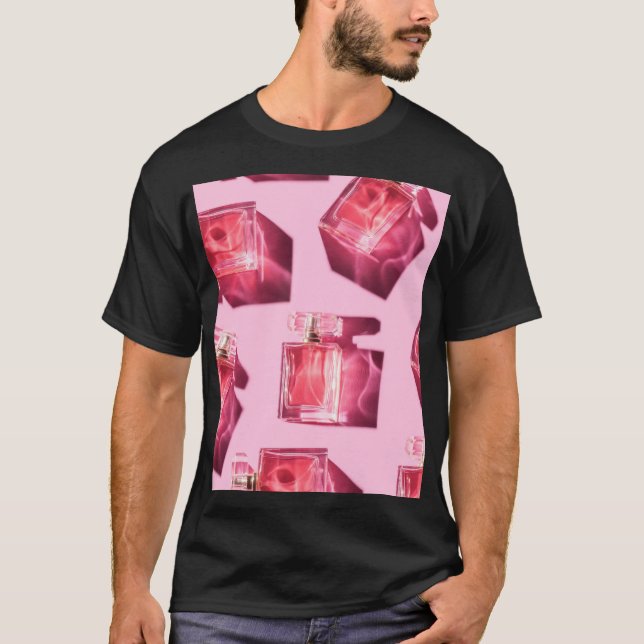 Perfume bottles, pink background, flatlay T-Shirt (Front)