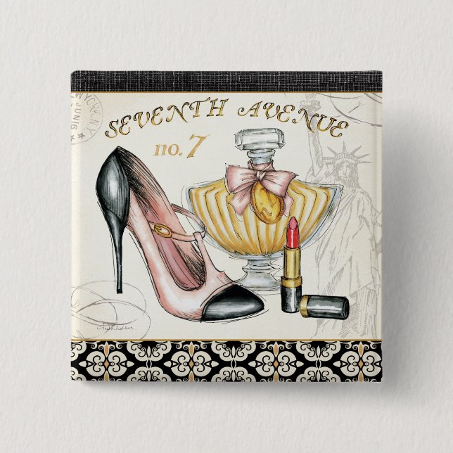 Perfume, Red Lipstick, and a High Heeled Shoe 15 Cm Square Badge (Front)