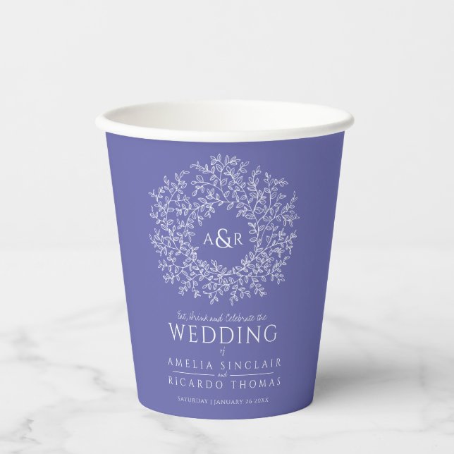 Peri blue purple hand drawn leaf monogram wedding  paper cups (Front)