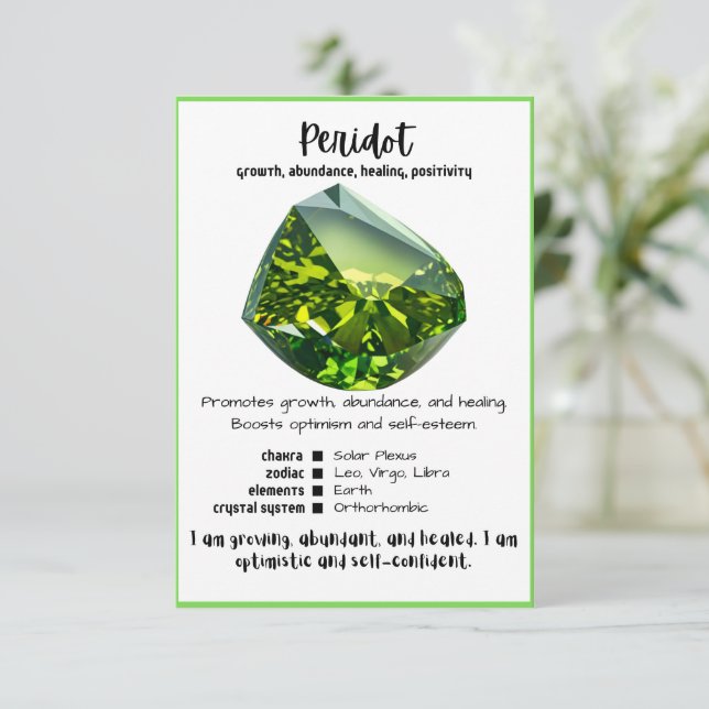 Peridot Crystal Meaning Card (Standing Front)