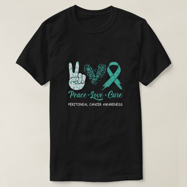 Peritoneal Cancer Awareness Peace Love Cure Leopar T-Shirt (Design Front)