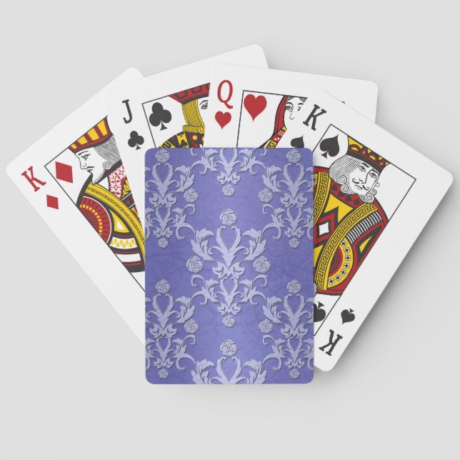 Periwinkel Blue and White Floral Damask Pattern Playing Cards (Back)
