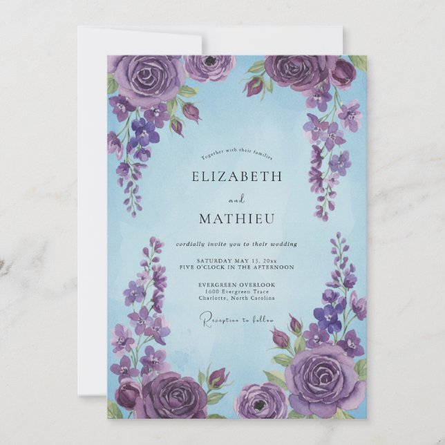 Periwinkle Amethyst Rose Wedding Invitation (Front)