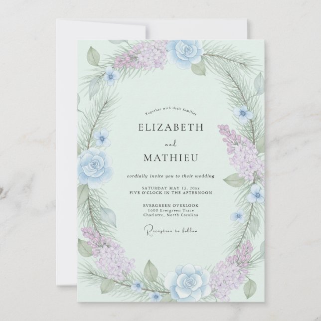 Periwinkle Amethyst Wreath Wedding Invitation (Front)