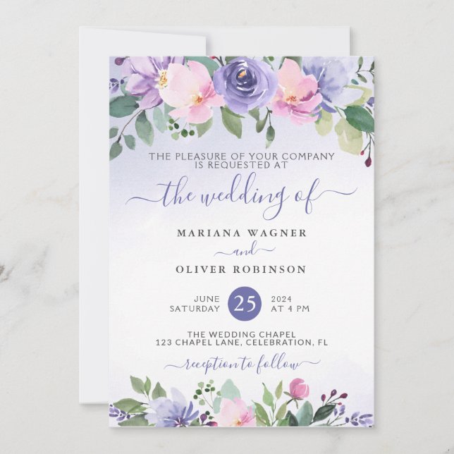 Periwinkle and Pink Watercolor Floral Wedding Invitation (Front)
