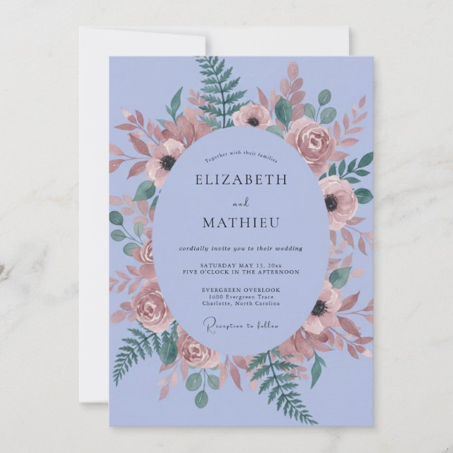 Periwinkle Anemone Fern Vintage Wedding Invitation (Front)