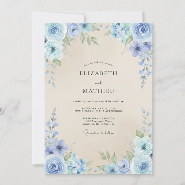 Periwinkle Antique Cream Petal Wedding Invitation (Front)