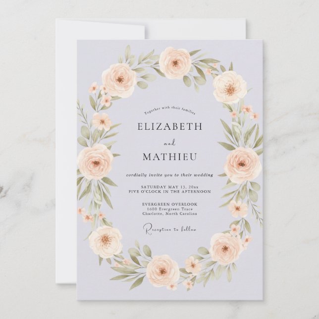 Periwinkle Apricot Foliage Eucalyptus Wedding Invitation (Front)
