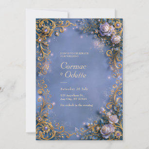 Periwinkle Blossom Gilded Filigree Frame Wedding Invitation