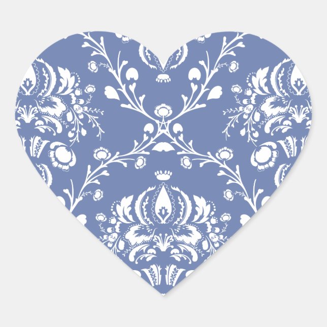 Periwinkle Blue and White Damask Heart Sticker (Front)