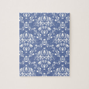 Periwinkle Blue and White Damask Jigsaw Puzzle