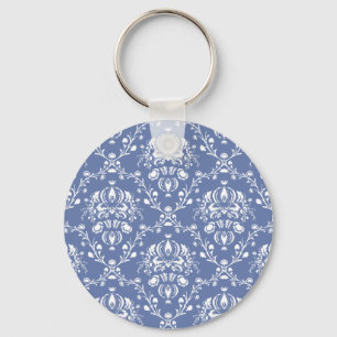 Periwinkle Blue and White Damask Key Ring
