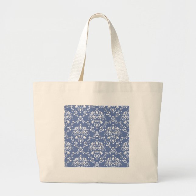 Periwinkle Blue and White Damask Large Tote Bag (Front)