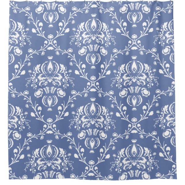 Periwinkle Blue and White Damask Shower Curtain (Front)