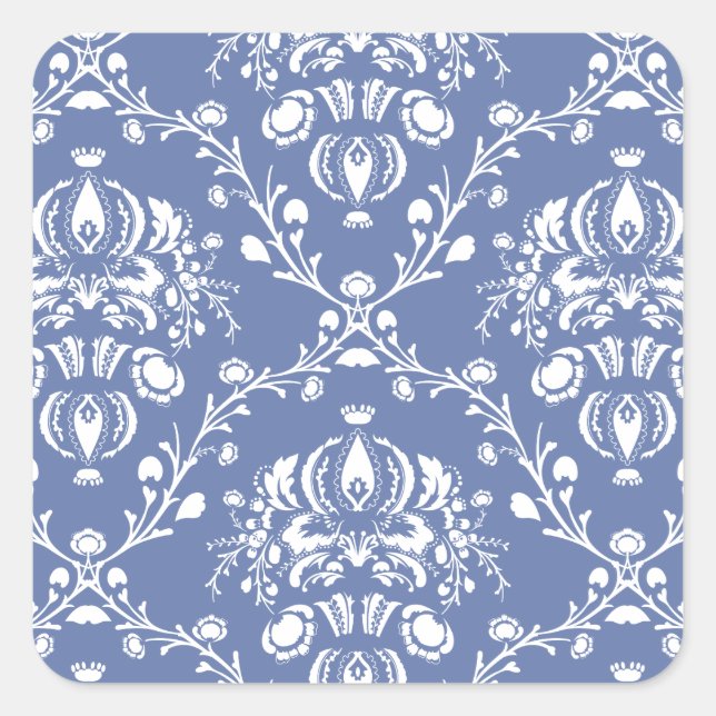 Periwinkle Blue and White Damask Square Sticker (Front)